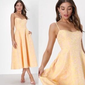 Lulu’s size XL Meet for Tea Bustier Jacquard midi  Dress yellow pink NWT